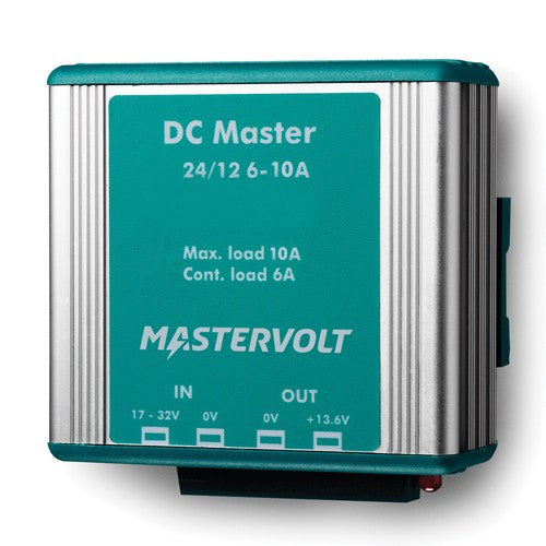 Mastervolt DC Master 24/12 6-10A converter 81400200, label showing max 10A and cont. 6A load, terminal markings below