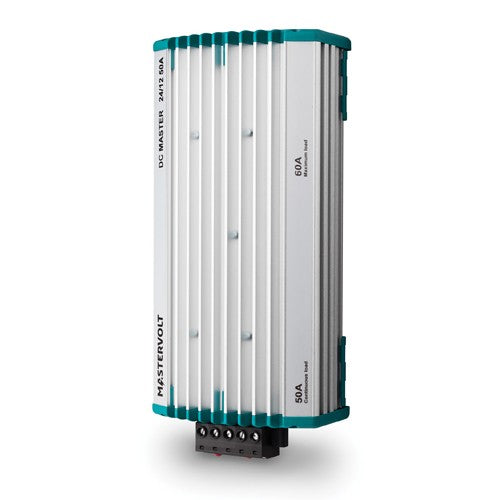 Mastervolt DC Master 81400352 24/12 50A converter, side profile showing finned aluminium heatsink and terminal block