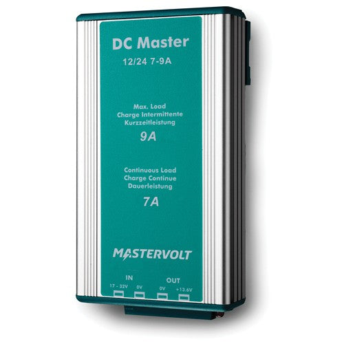 Mastervolt DC Master 81400500 12/24 7-9A non-isolated converter, front view with teal label and input/output terminals