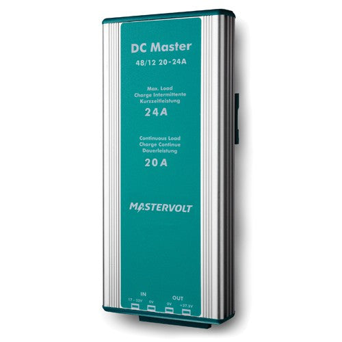 Mastervolt DC Master 81400800 48/12 20-24A non-isolated converter, front view with label and input/output terminals