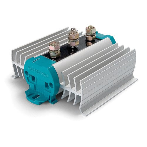 Mastervolt Bi 702-S 83007021 battery isolator, angled view of finned heatsink, teal end cap and three output studs