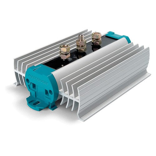Mastervolt Bi 1202-S 83012021 two-battery isolator, angled view of finned aluminium heatsink and terminal studs
