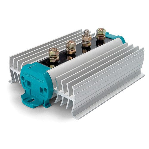 Mastervolt Bi 1203-S 83012031 three-battery isolator, angled view of heatsink fins, teal end housing and studs
