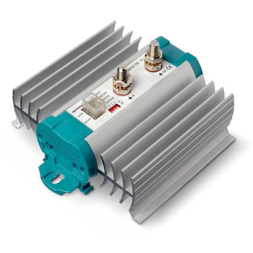 Mastervolt Battery Watch 83200150 isolator switch, angled view with finned heatsink, terminal studs and DIP switches