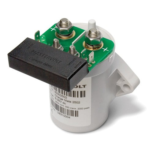 Mastervolt Charge Mate 2502 83302502 relay, white cylindrical body with circuit board, terminal studs and black cover