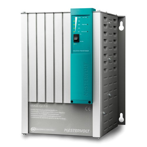 Mastervolt Mass Gi 7 88000705 7000VA isolation transformer, front view of finned casing with teal control panel