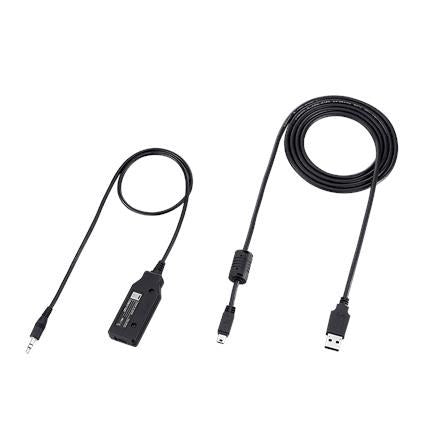 Icom OPC-478UC USB programming cable, black lead with a small module and 3.5 mm plug, beside a USB lead