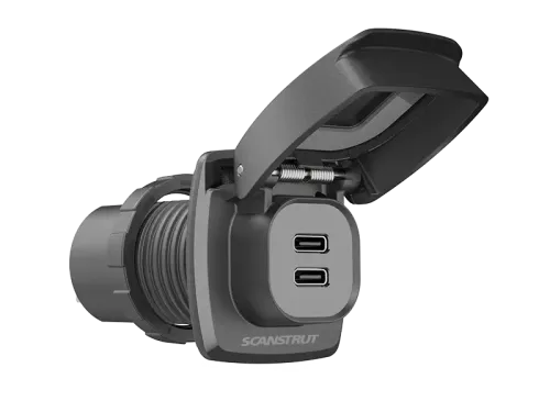 Scanstrut SC-USB-F3 Flip Pro Max dual USB-C charge socket with flip cover open, on black background