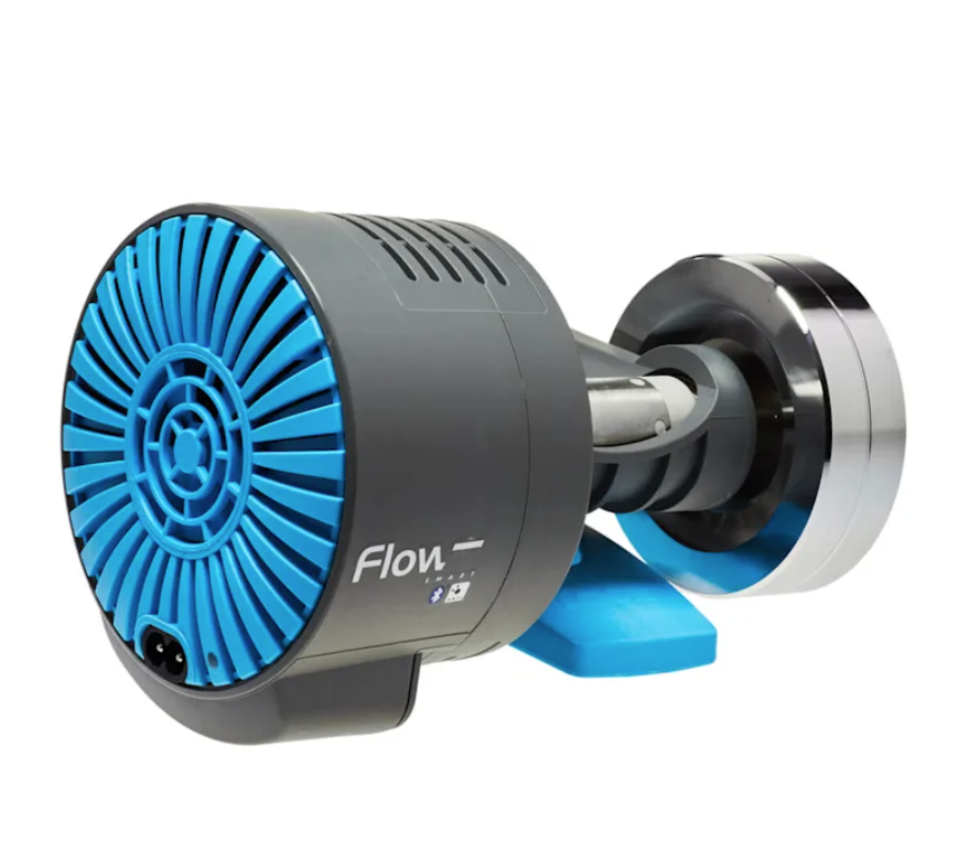 Tacx S2240.04 resistance unit assembly, grey housing with blue vented fan and steel flywheel on a blue frame