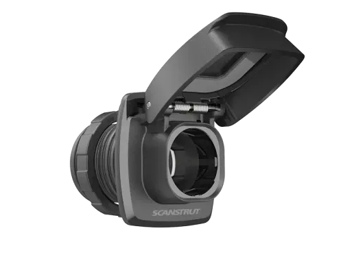 Scanstrut SC-12V-F1 Rokk Flip Pro 12V socket with flip cover open showing the round outlet, rear fit body