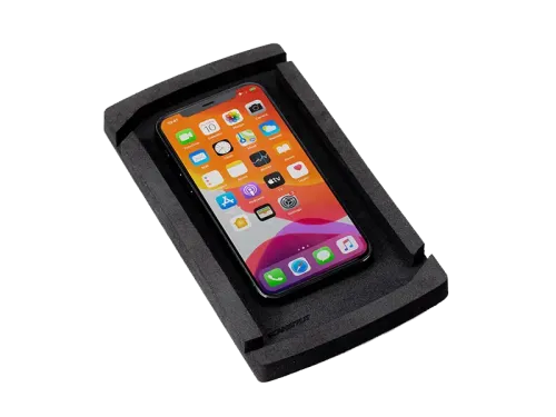 Rokk Wireless Catch SC-CW-08F 10W charging cradle holding an iPhone on a black background
