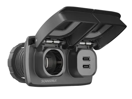 Scanstrut SC-MULTI-F1 Flip Pro Multi with lid open showing 12V socket and two USB-C ports, black background