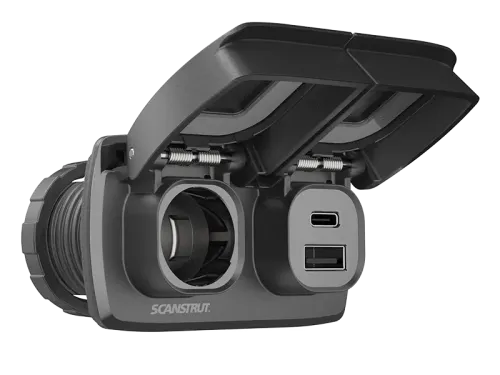 Scanstrut SC-MULTI-F2 Flip Pro Duo with lid open showing 12V socket and USB-C and USB-A ports