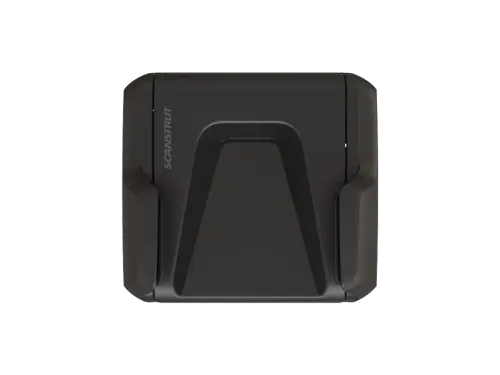 Scanstrut SC-PM-01 black phone mount viewed from the back, moulded cradle with Scanstrut logo on a black background
