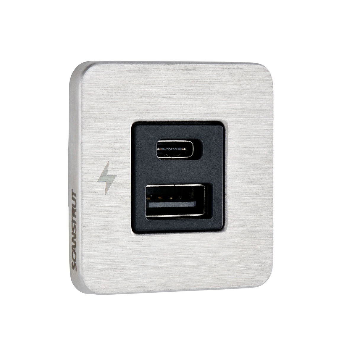 Scanstrut SC-TILE-11 brushed stainless USB-A and USB-C charging socket with lightning symbol, front view