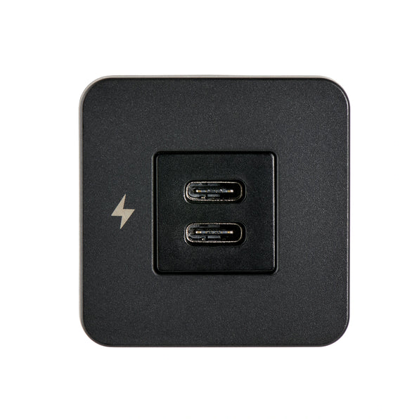 Scanstrut SC-TILE-20 black square Tile with two USB-C charging ports and lightning bolt symbol, straight-on front view
