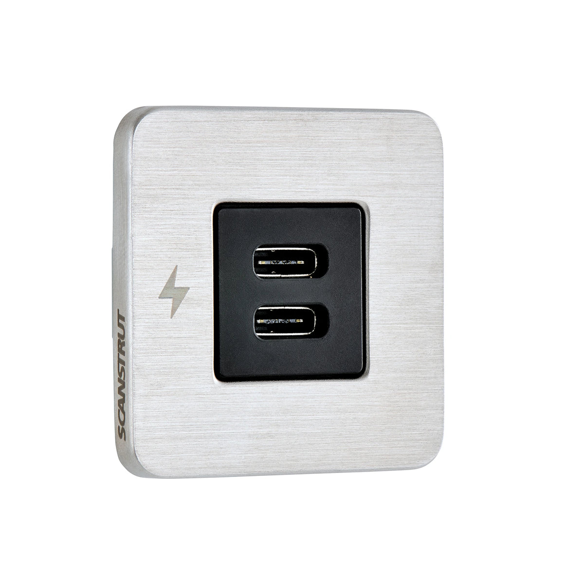 Scanstrut SC-TILE-21 USB-C and USB-C charging socket with brushed stainless square bezel, front view