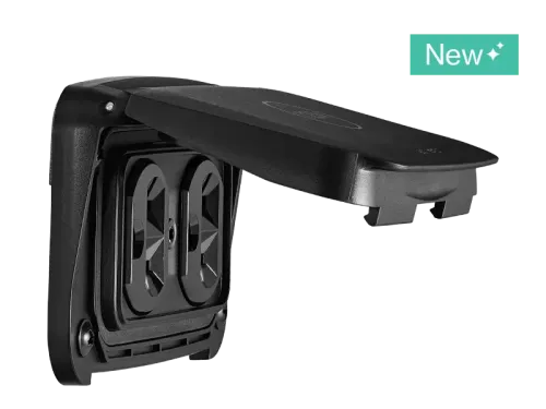 Scanstrut SC-V-P1 black hinged cover over a recessed socket panel, with a New badge, on a black background