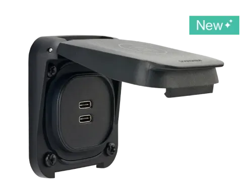 Scanstrut Ventura SC-V-USB-01 dual USB-C socket with hinged cover open, black background, New badge