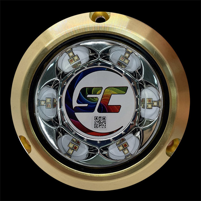 Shadow-Caster SC3-RGB-BZSM SC3 series bronze underwater light, RGB, round bronze housing with chrome LED cups and an SC logo