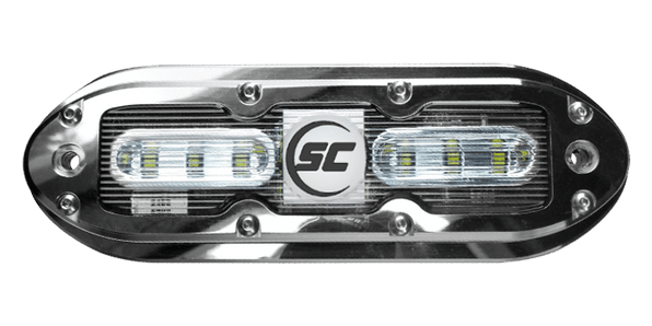 Shadow-Caster SCM-6-AG-20 SCM 6 series underwater light, oval stainless housing with two LED panels and a central SC badge