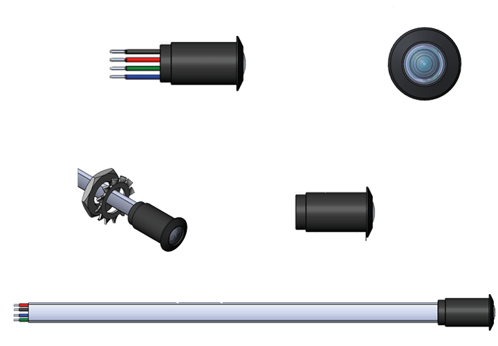 Shadow-Caster SCM-RAL-RGB-0.4-AB SCM-RAL round accent light, RGB, dimensioned drawing of a small black cylinder, long lead