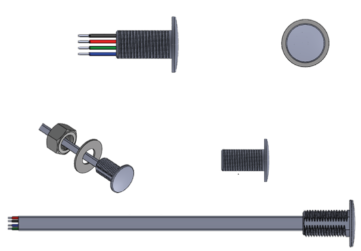 Shadow-Caster SCM-RAL-RGB-0.5 SCM-RAL round accent light, RGB, dimensioned drawing of a small flanged light with a long lead