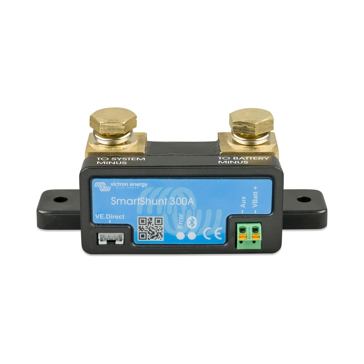 Victron SHU050130050 SmartShunt 300 A battery monitor, brass studs on a black base with a blue module