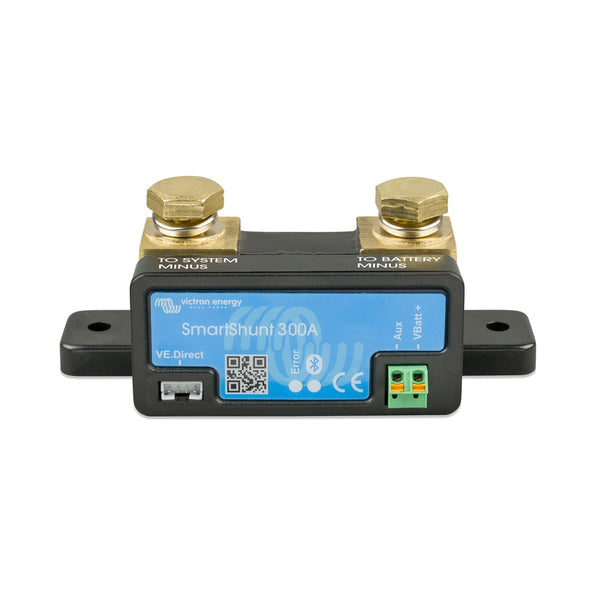 Victron SHU065130050 SmartShunt IP65 300 A battery monitor, brass studs on a black base with a blue module