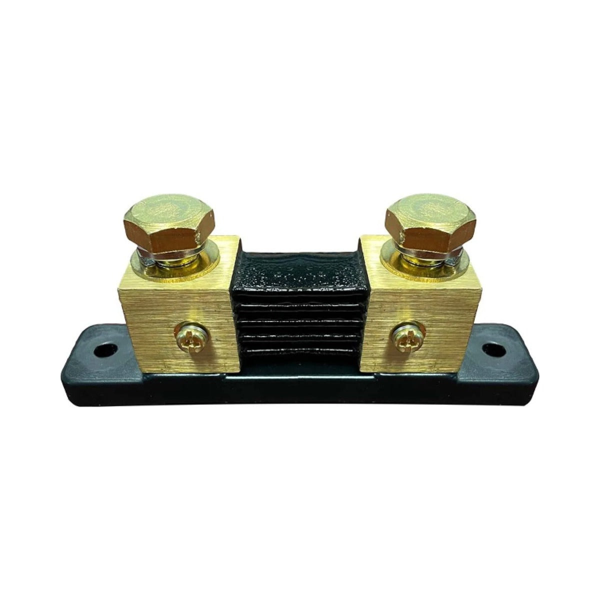 Victron SHU500050100 500 A 50 mV shunt no connection PCB, brass bars with brass bolts on a black base
