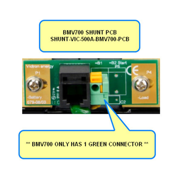 Victron SPR00052 replacement connection PCB for BMV-700 shunt, green circuit board with a green connector and call-out labels