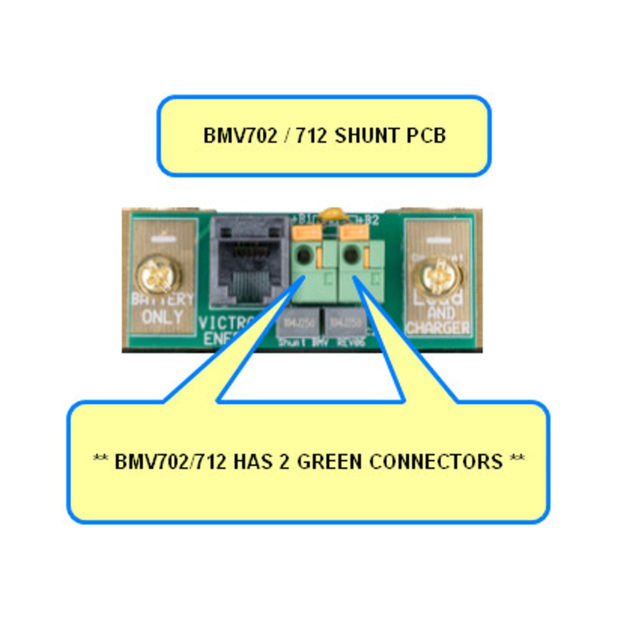 Victron SPR00053 replacement connection PCB for BMV-702 and 712 shunt, green PCB with a call-out of two green connectors