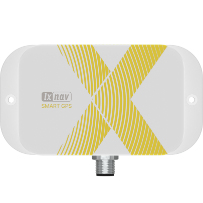 LXNav SMARTGPS smart GPS tracking device with NMEA 2000 GPS, white box with a yellow X pattern and a round connector