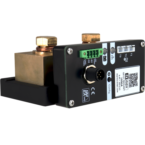 LXNav SmartShunt1000 smart shunt N2K 1000A, black unit with a large brass busbar and two posts, with a label and NMEA port