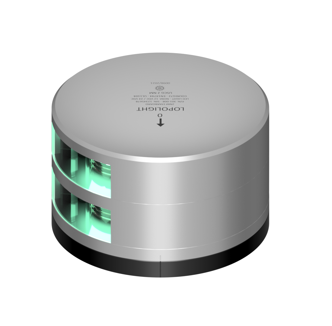 Lopolight NL301-008ST-FB silver double starboard light, two stacked green lenses on black FB base