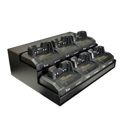 Icom UK6WAY multi-charger fitted with six BC-262 chargers for the IC-U20SR, black stepped rack with six charger cradles