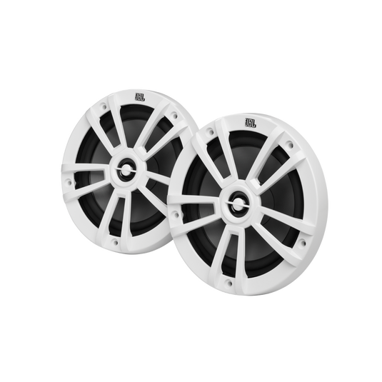 JBL Marine JBLMARSPKST8WHTAM Stage Marine 8 inch two-way speaker pair, white, two white round speakers with spoked grilles