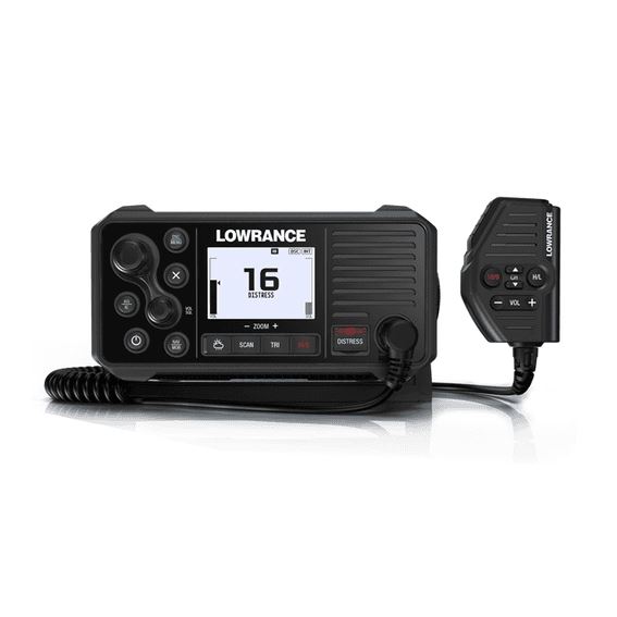 Lowrance Link-9 000-14472-001 fixed-mount VHF radio with DSC, front panel showing channel 16 and coiled handset mic