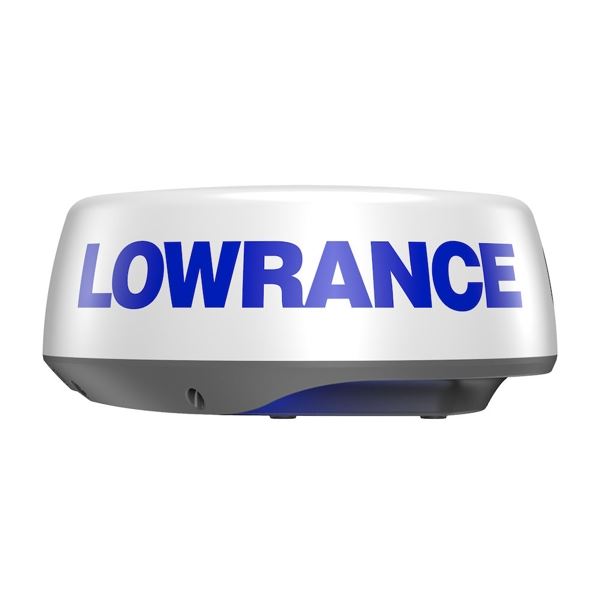Lowrance Halo20+ 000-14542-001 pulse compression radar dome, white radome with blue Lowrance logo, front view
