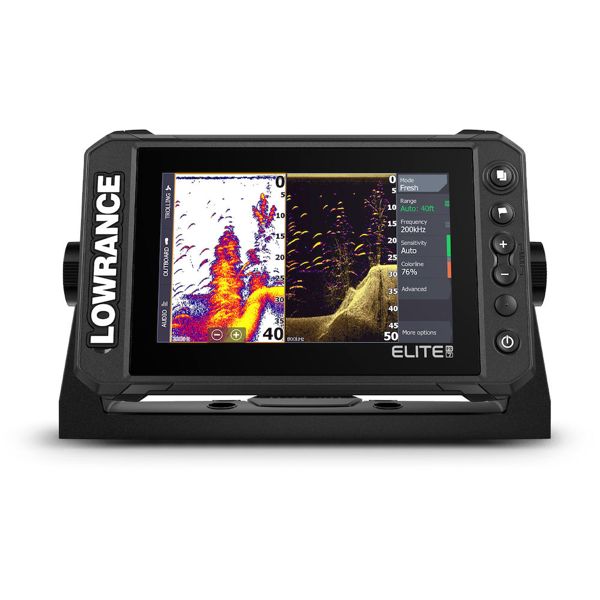 Lowrance Elite FS 7 000-15702-001 front view with split sonar screens and side keys, shown without transducer