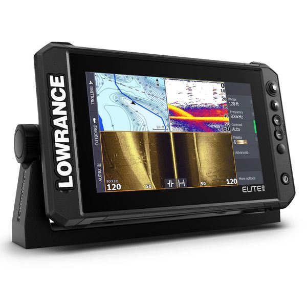 Lowrance Elite FS 9 000-15706-001 front view on tilt bracket, split screen with chart and sonar, no transducer shown