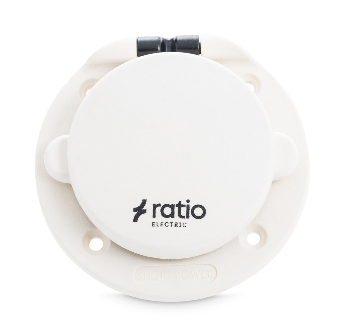 Ratio glass filled nylon shore power inlet 2P+E, MP16-10-K, round white inlet with a hinged cap printed with the ratio logo