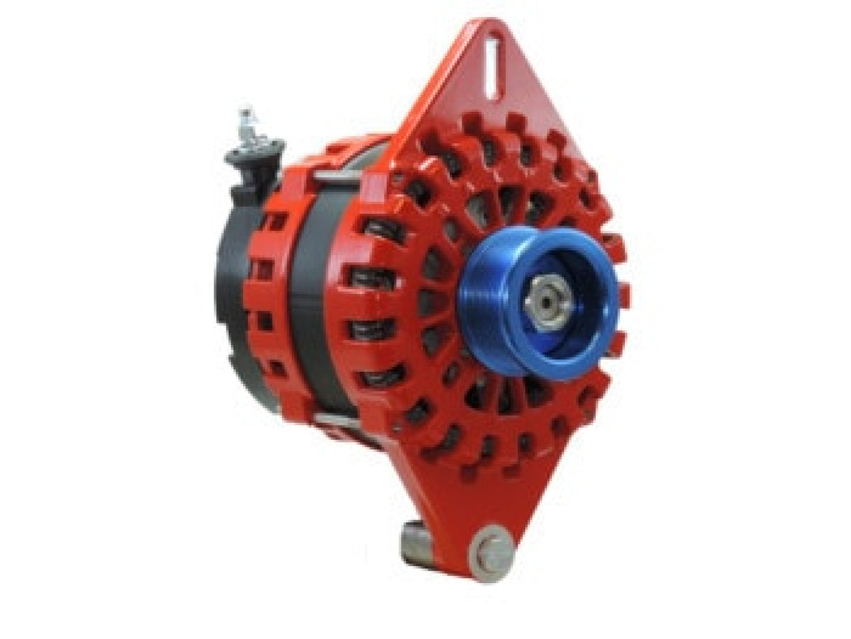 Balmar XT series alternator 250A 12V, XT-SF-250-J10, red and black alternator with a blue J10 pulley and a single foot mount