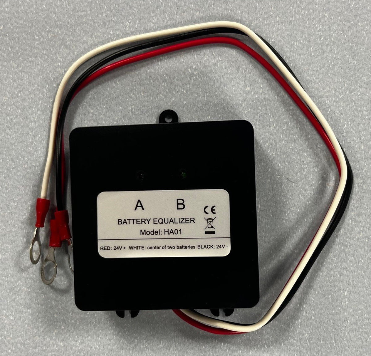 Battery balancer for two 12V batteries in series 24V, BAT-ACC-BALANCER-2B-ES, black battery equalizer box with three leads