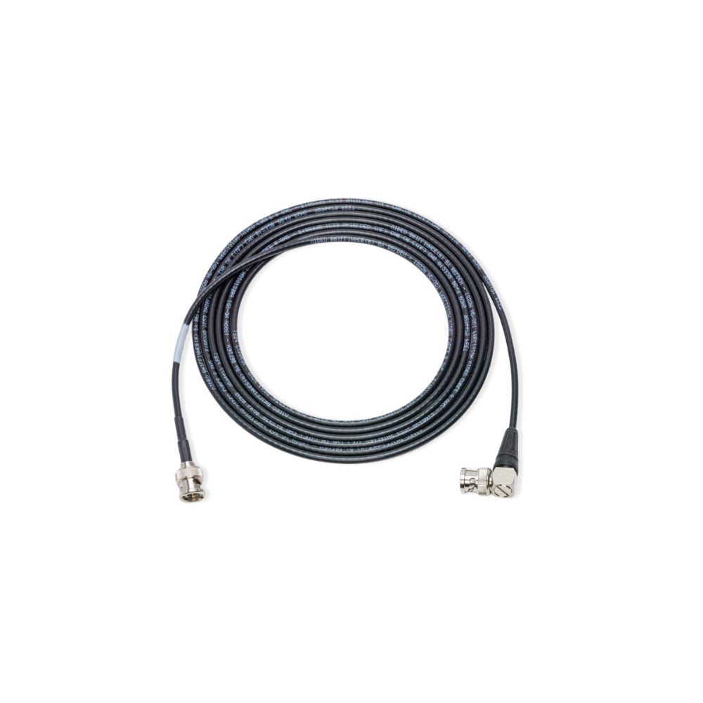 FLIR A80665 M-Series HD-SDI video cable 10 m, coiled black cable with a right-angle BNC and a straight BNC plug