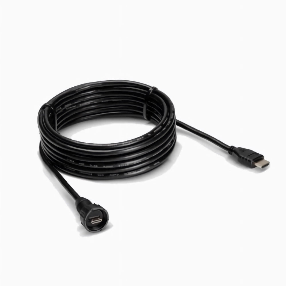 Raymarine A80723 micro HDMI Type D video out cable 3 m, coiled black cable with a micro HDMI plug and a round plug