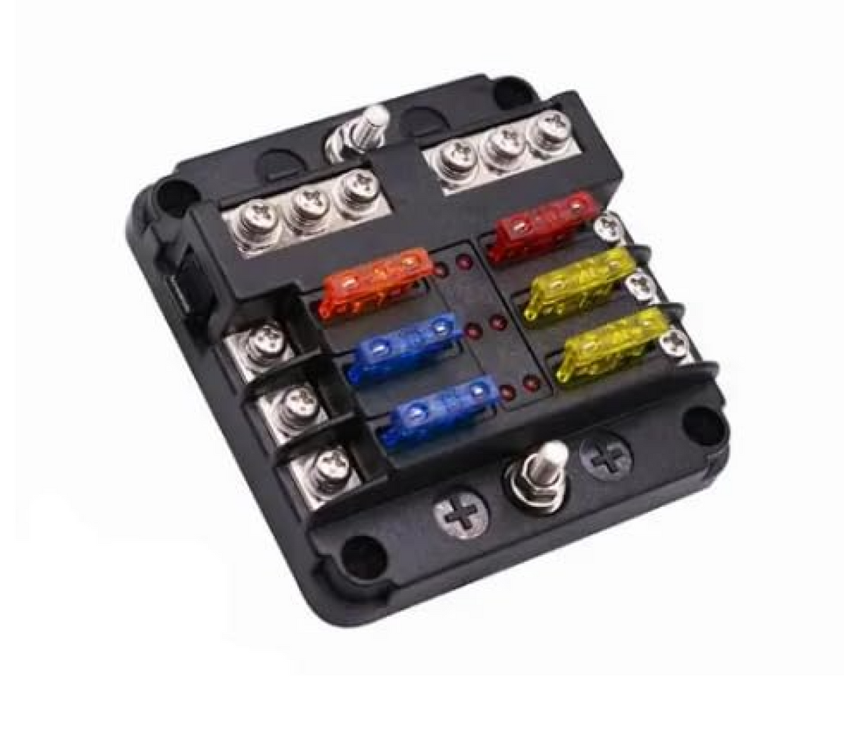 DC fuse box 6 way, 3005376113028056, black fuse box with orange, blue and yellow blade fuses and three studs