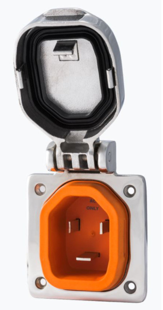 SmartPlug BM30NT stainless steel shorepower inlet 125V 30A IP56, steel flap open over an orange inlet socket
