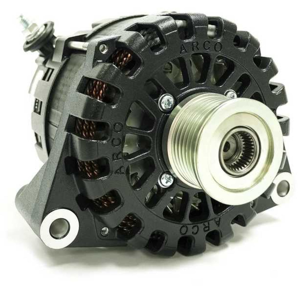 ARCO alternator 48V 8kW, 4604, black finned alternator with a silver clutch pulley and an N62 side battery post