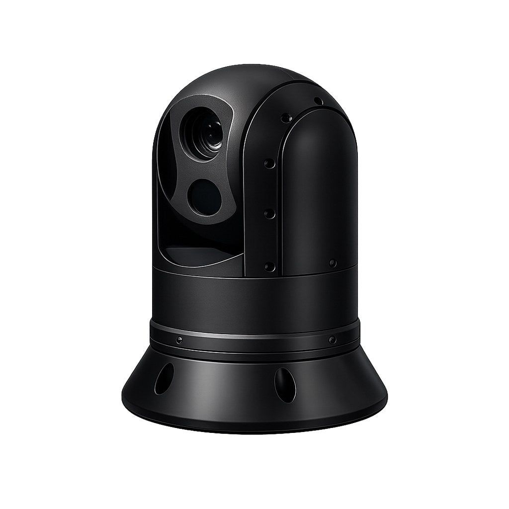 Iris ATOM A395 dual-payload thermal and day IP PTZ camera, black, 00108-001, black head with two lenses on a flared base